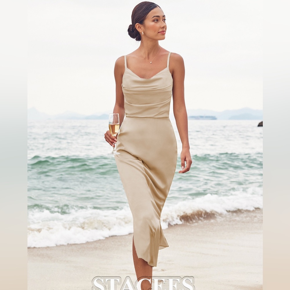 Stacees champagne satin tea-length dress. Size 6. Never worn, tags still on!